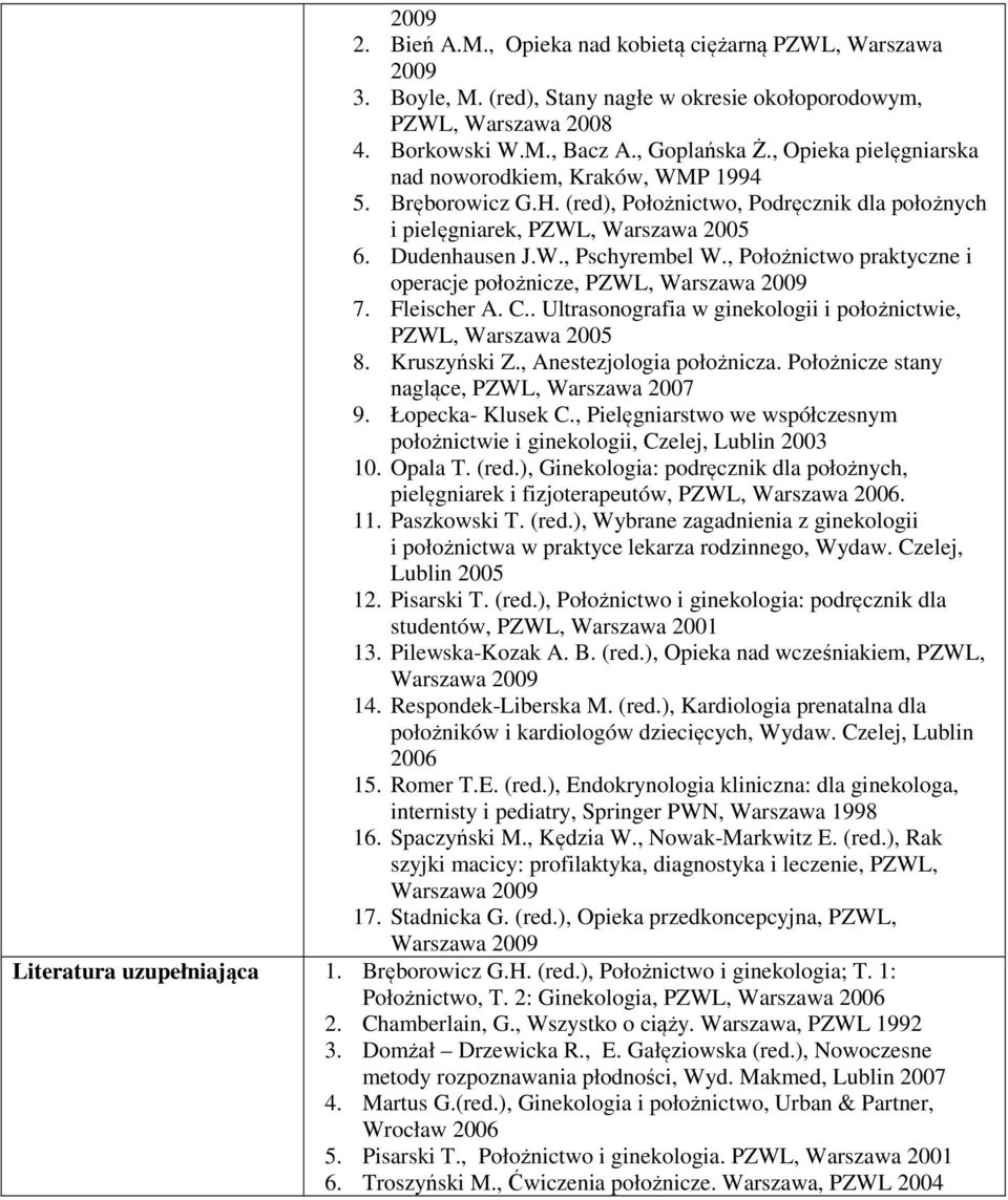 , Położnictwo praktyczne i operacje położnicze, PZWL, Warszawa 2009 7. Fleischer A. C.. Ultrasonografia w ginekologii i położnictwie, PZWL, Warszawa 2005. Kruszyński Z., Anestezjologia położnicza.