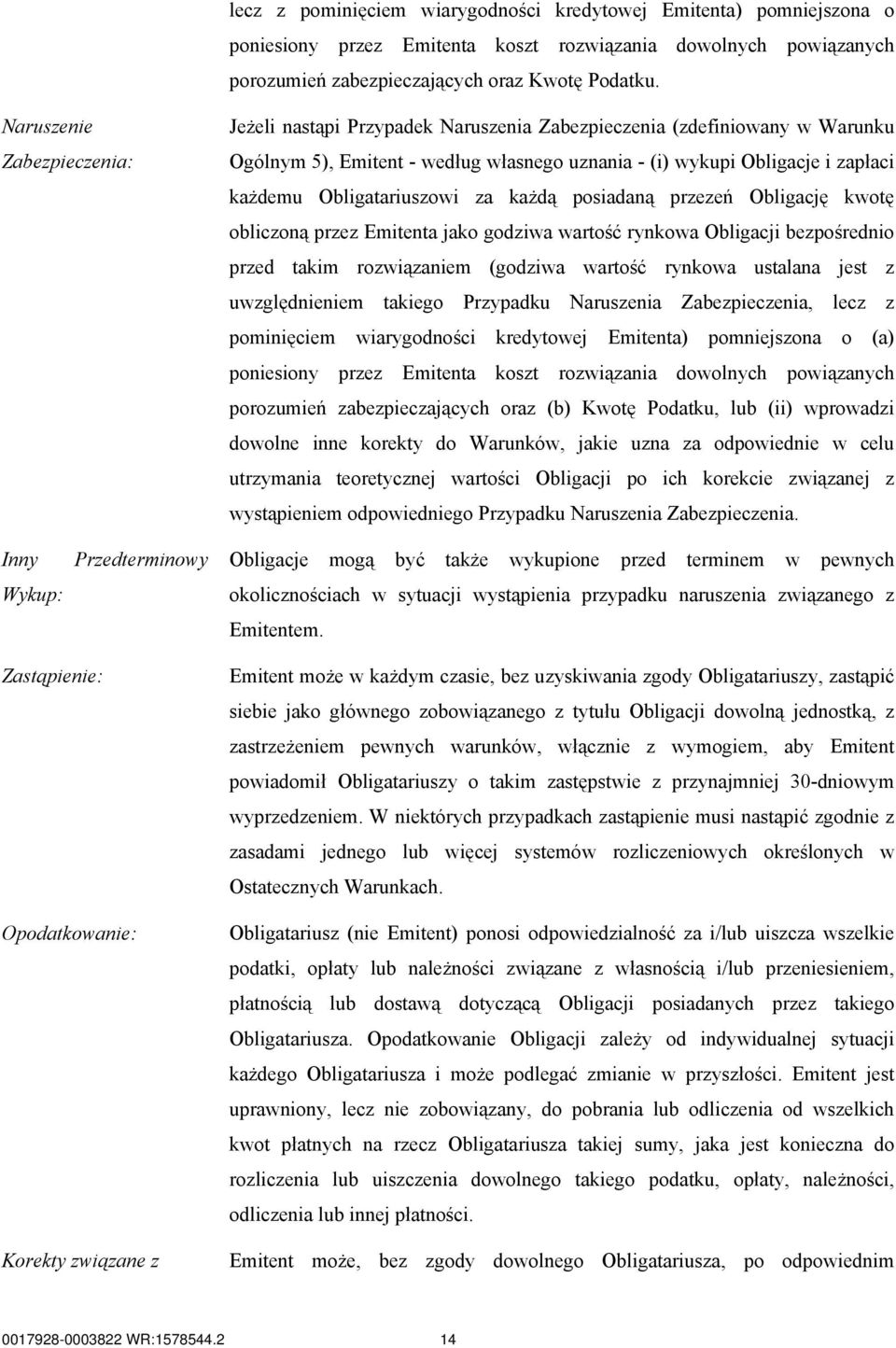 Obligatariuszowi za każdą posiadaną przezeń Obligację kwotę obliczoną przez Emitenta jako godziwa wartość rynkowa Obligacji bezpośrednio przed takim rozwiązaniem (godziwa wartość rynkowa ustalana