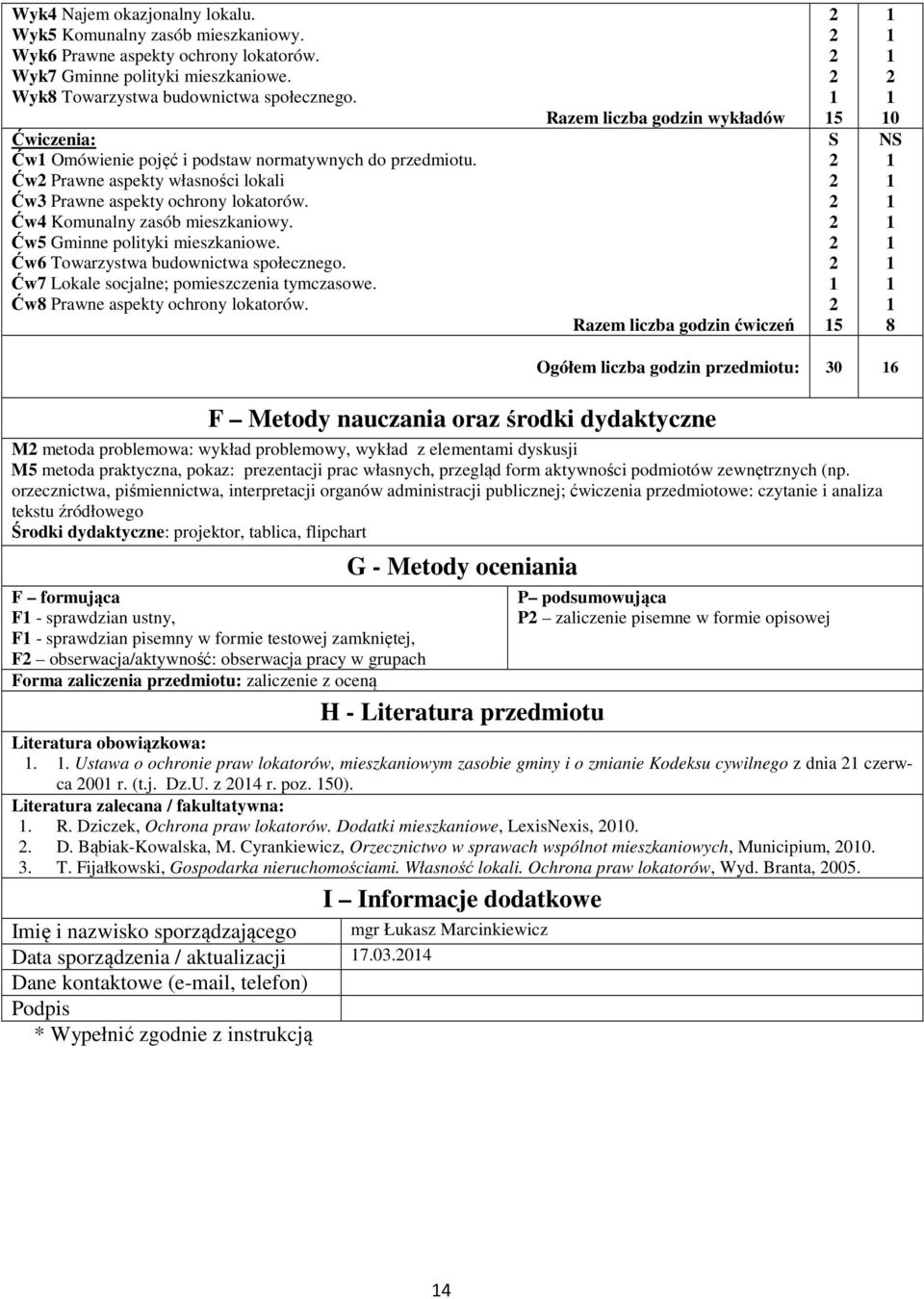 Ćw5 Gminne polityki mieszkaniowe. Ćw6 Towarzystwa budownictwa społecznego. Ćw7 Lokale socjalne; pomieszczenia tymczasowe. Ćw8 Prawne aspekty ochrony lokatorów.