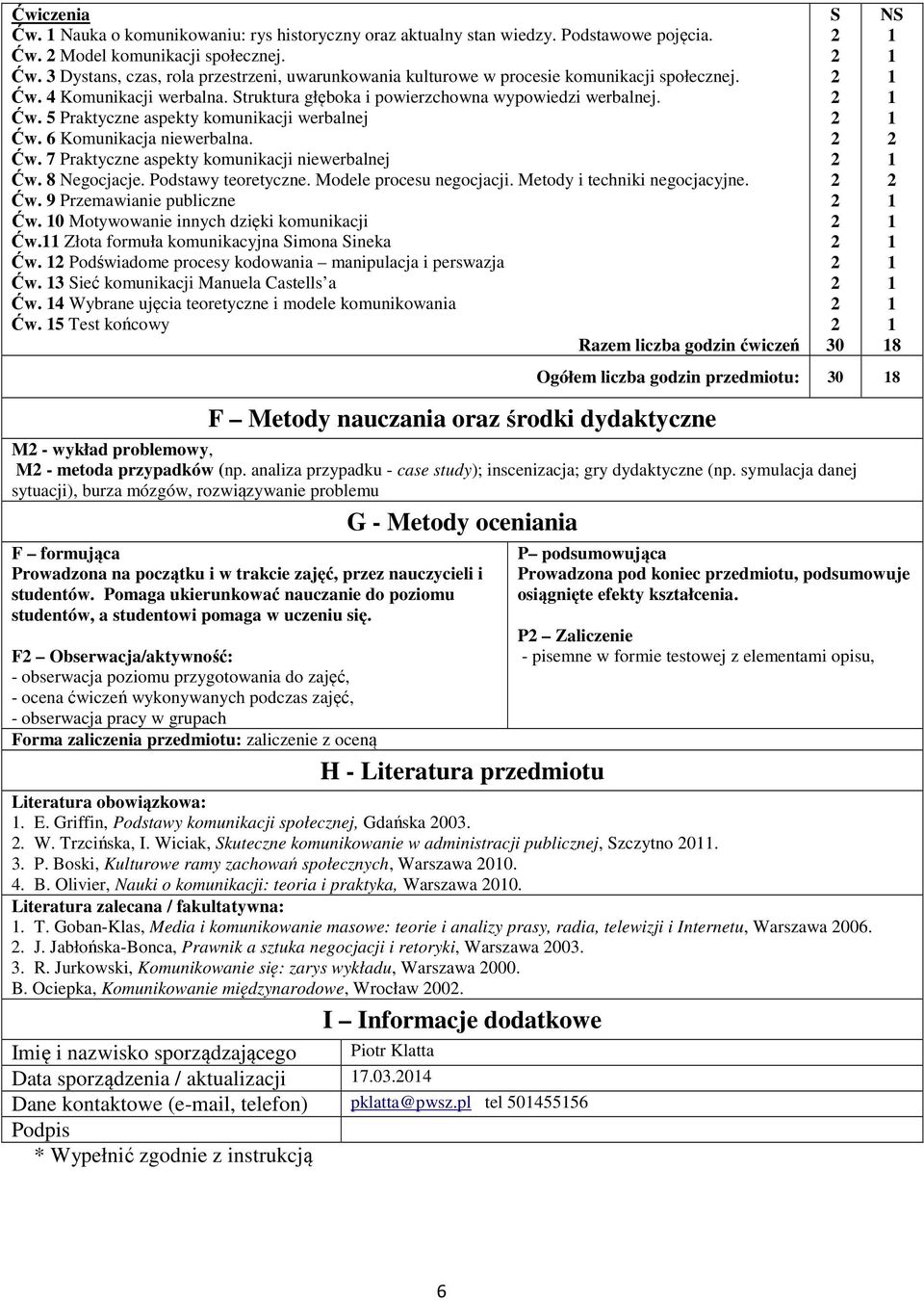 8 Negocjacje. Podstawy teoretyczne. Modele procesu negocjacji. Metody i techniki negocjacyjne. Ćw. 9 Przemawianie publiczne Ćw. 0 Motywowanie innych dzięki komunikacji Ćw.