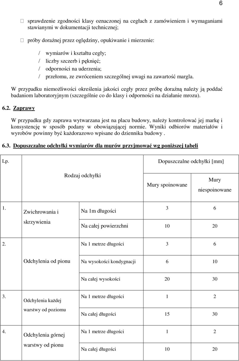 W przypadku niemożliwości określenia jakości cegły przez próbę doraźną należy ją poddać badaniom laboratoryjnym (szczególnie co do klasy i odporności na działanie mrozu). 6.2.