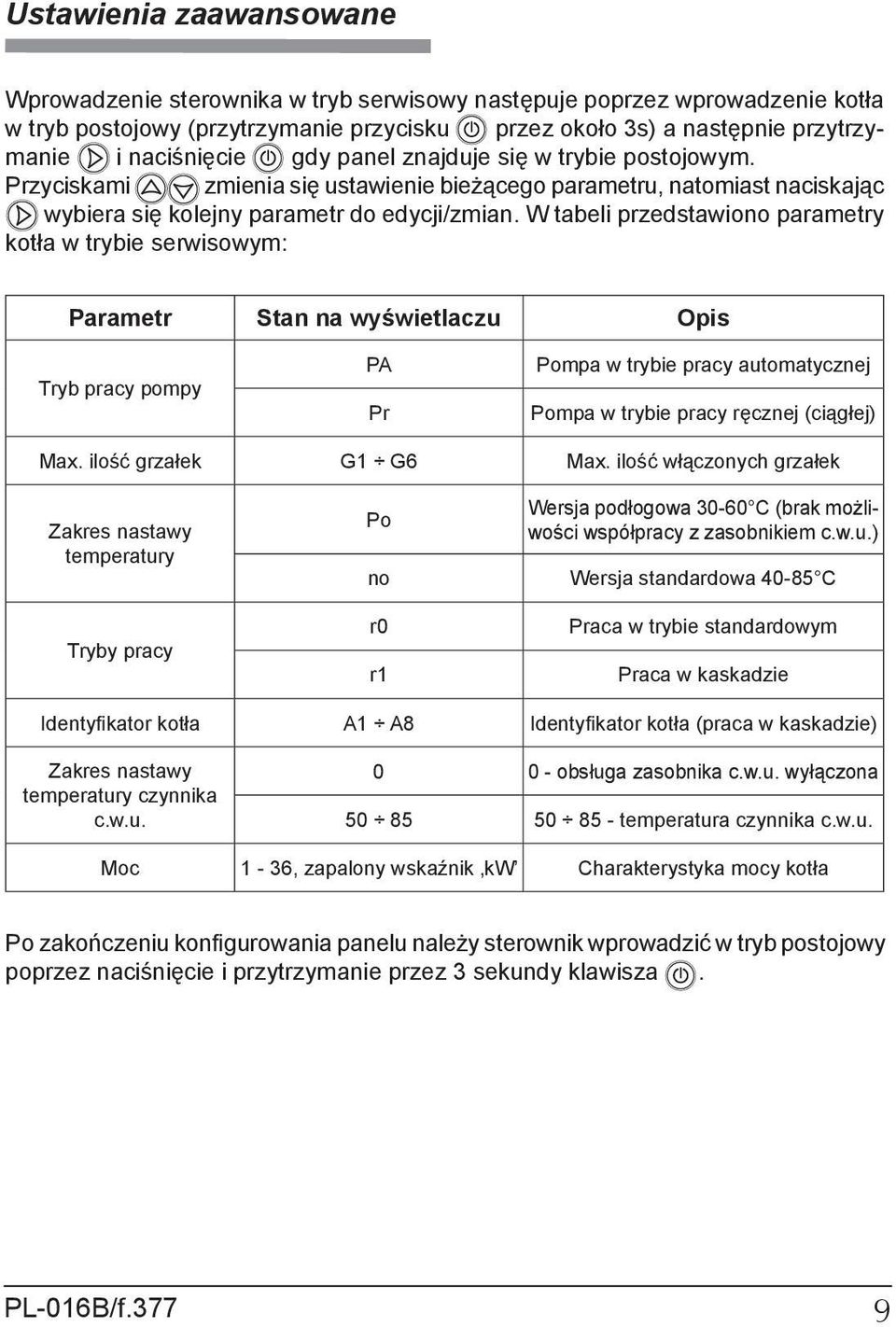 W tabeli przedstawiono parametry kotła w trybie serwisowym: Parametr Stan na wyświetlaczu Opis Tryb pracy pompy PA Pr Pompa w trybie pracy automatycznej Pompa w trybie pracy ręcznej (ciągłej) Max.