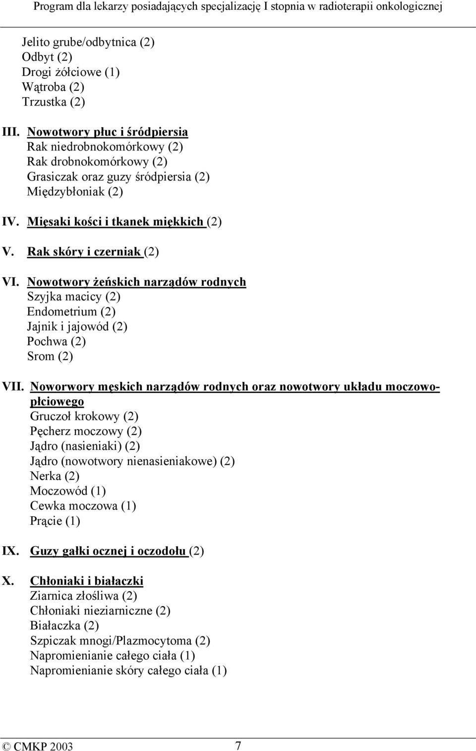 Rak skóry i czerniak (2) VI. Nowotwory żeńskich narządów rodnych Szyjka macicy (2) Endometrium (2) Jajnik i jajowód (2) Pochwa (2) Srom (2) VII.