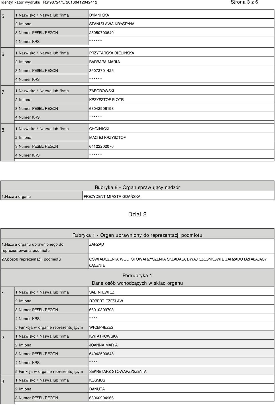 Numer PESEL/REGON 64122202070 Rubryka 8 - Organ sprawujący nadzór 1.Nazwa organu PREZYDENT MIASTA GDAŃSKA Dział 2 Rubryka 1 - Organ uprawniony do reprezentacji podmiotu 1.