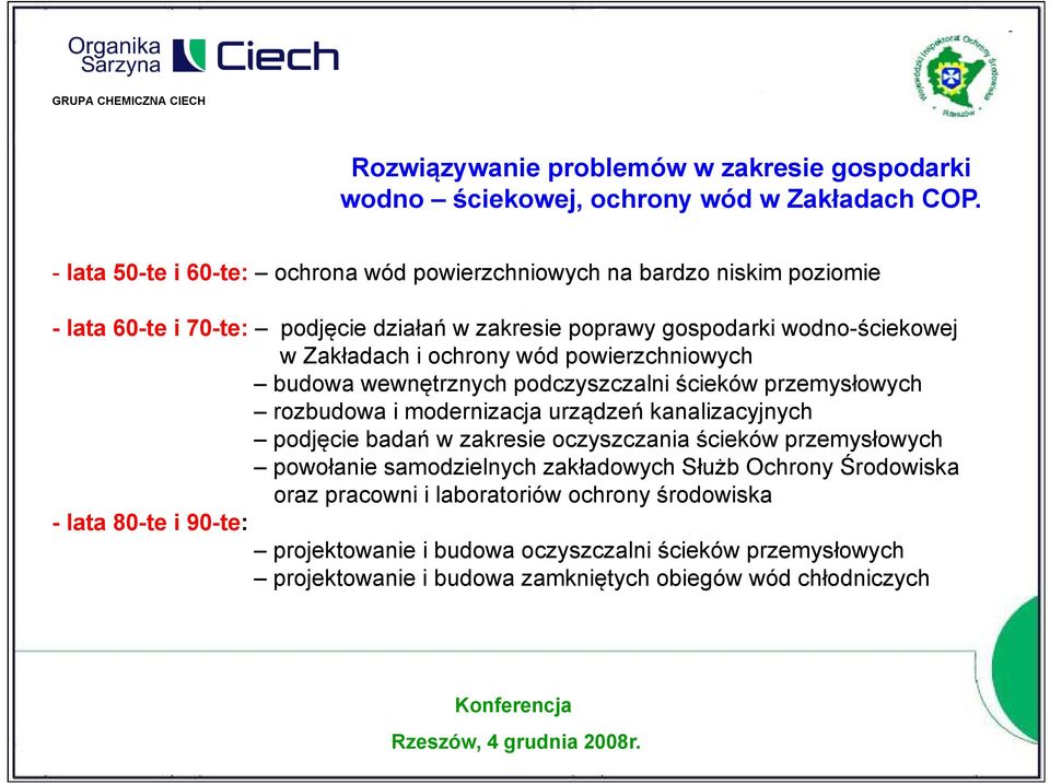 ochrony wód powierzchniowych budowa wewnętrznych ę podczyszczalni ścieków przemysłowych y rozbudowa i modernizacja urządzeń kanalizacyjnych podjęcie badań w zakresie oczyszczania