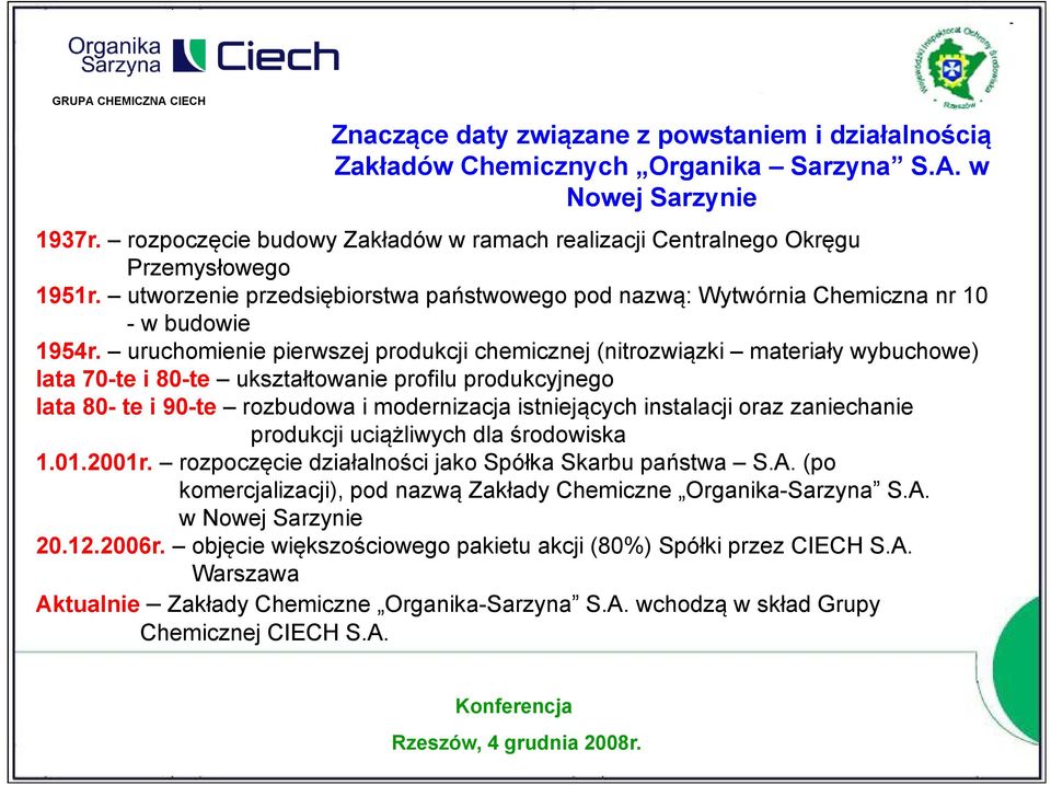 uruchomienie pierwszej produkcji chemicznej (nitrozwiązki materiały wybuchowe) lata 70-te i 80-te ukształtowanie profilu produkcyjnego lata 80- te i 90-te rozbudowa i modernizacja istniejących