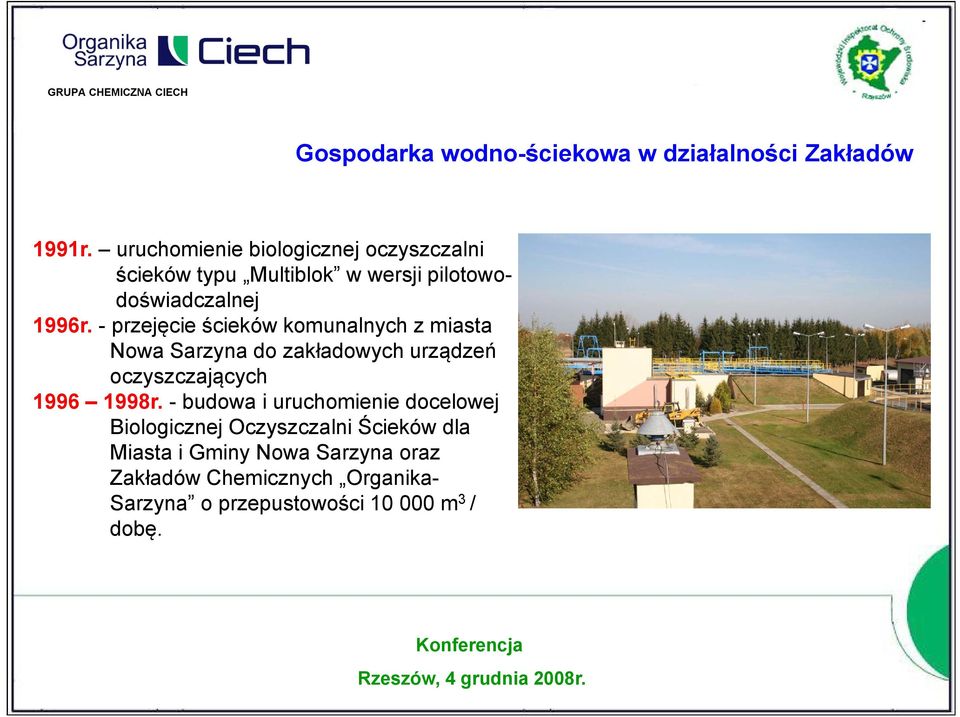 -przejęcie ścieków komunalnych z miasta Nowa Sarzyna do zakładowych urządzeńą oczyszczających 1996 1998r.