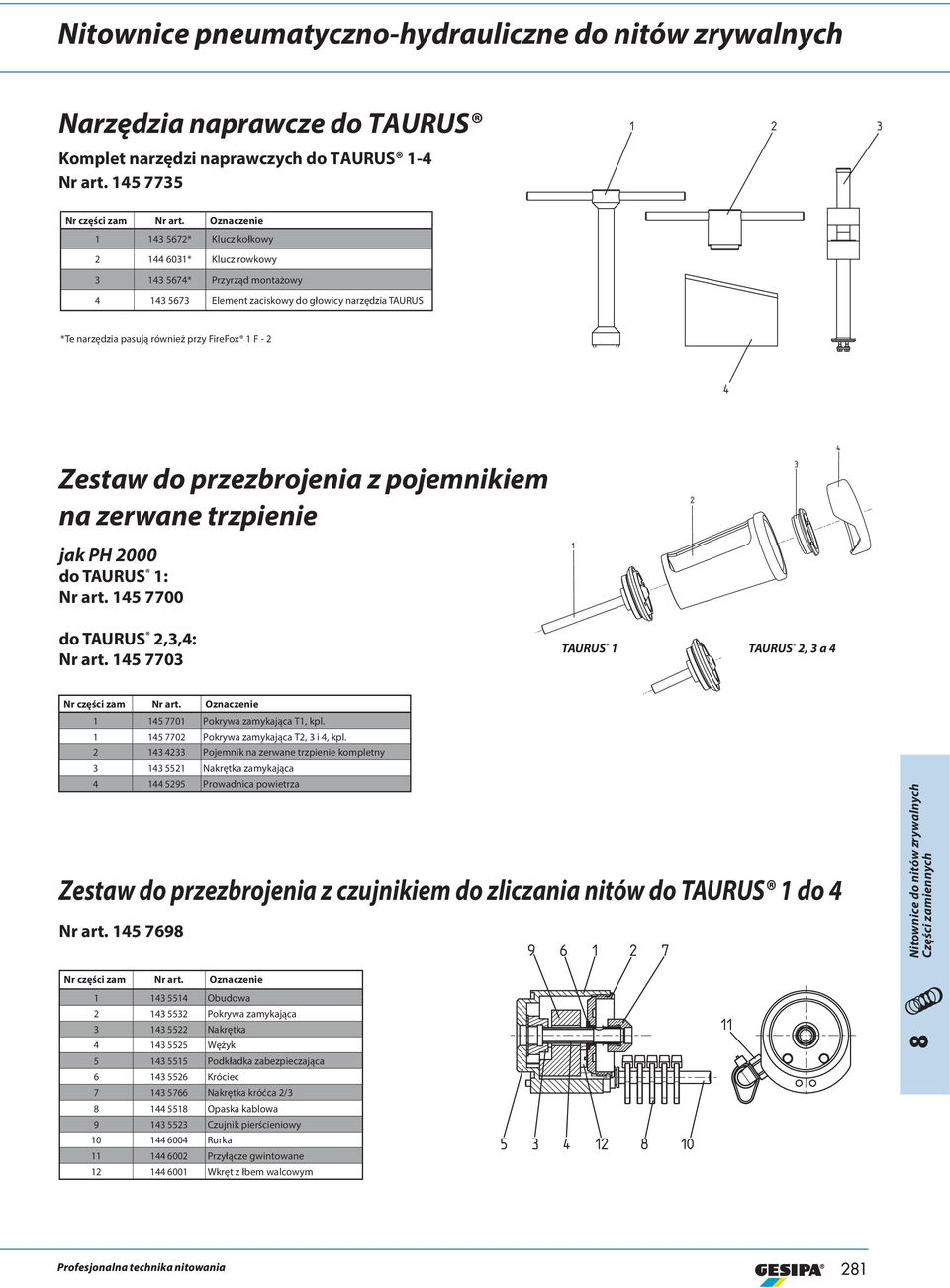 4 4 Zestaw do przezbrojenia z pojemnikiem na zerwane trzpienie 2 3 jak PH 2000 do TAURUS 1: Nr art. 145 7700 1 do TAURUS 2,3,4: Nr art.