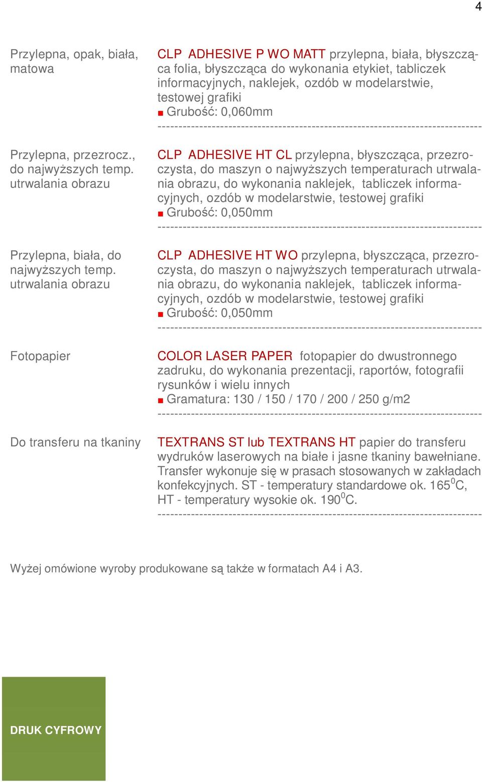 utrwalania obrazu Fotopapier Do transferu na tkaniny CLP ADHESIVE P WO MATT przylepna, bia a, b yszcz - ca folia, b yszcz ca do wykonania etykiet, tabliczek informacyjnych, naklejek, ozdób w