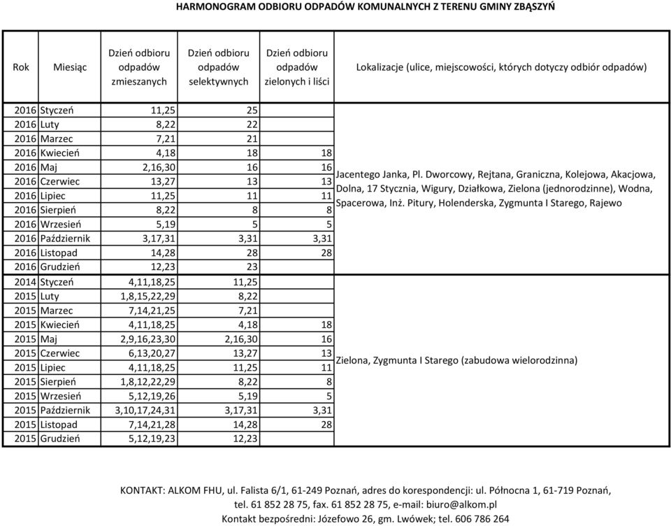 Pitury, Holenderska, Zygmunta I Starego, Rajewo 2016 Sierpień 8,22 8 8 2016 Wrzesień 5,19 5 5 2016 Październik 3,17,31 3,31 3,31 2016 Listopad 14,28 28 28 2016 Grudzień 12,23 23 2014 Styczeń