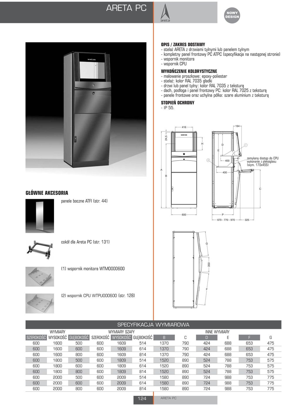 szare aluminium z teksturą STOPIEŃ OCHRONY - IP 55. zamykany dostęp do CPU wykonanie z pleksiglasu (wym. 170x455) GŁÓWNE AKCESORIA panele boczne ATFI (str. 44) cokół dla Areta PC (str.