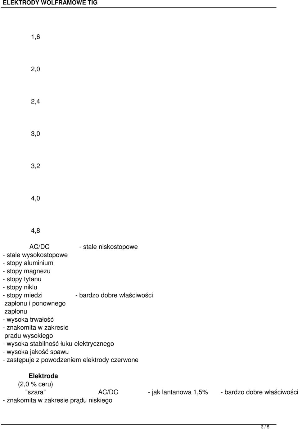 prądu wysokiego - wysoka stabilność łuku elektrycznego - wysoka jakość spawu - zastępuje z powodzeniem elektrody