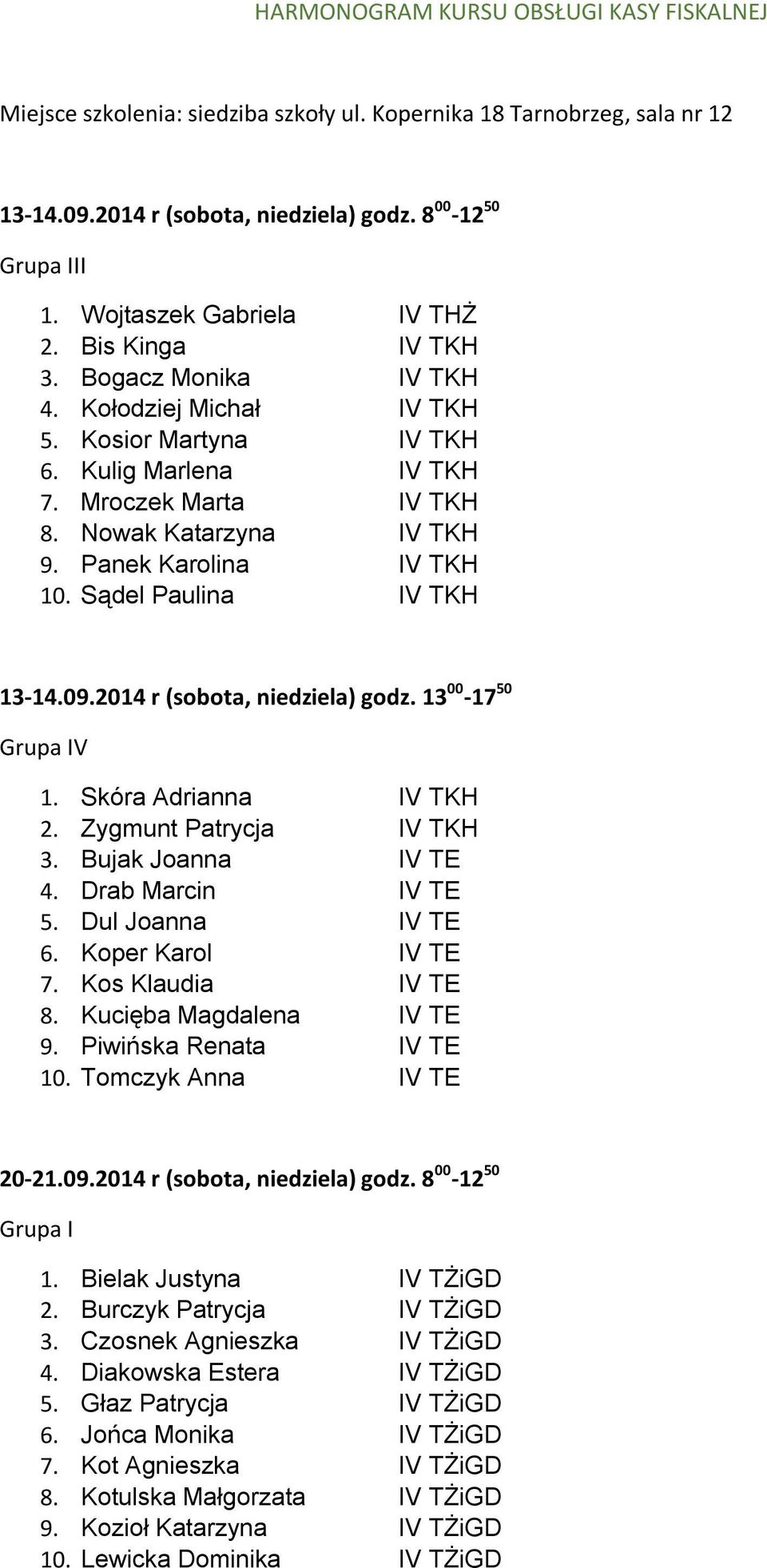 Panek Karolina IV TKH 10. Sądel Paulina IV TKH 13-14.09.2014 r (sobota, niedziela) godz. 13 00-17 50 Grupa IV 1. Skóra Adrianna IV TKH 2. Zygmunt Patrycja IV TKH 3. Bujak Joanna IV TE 4.