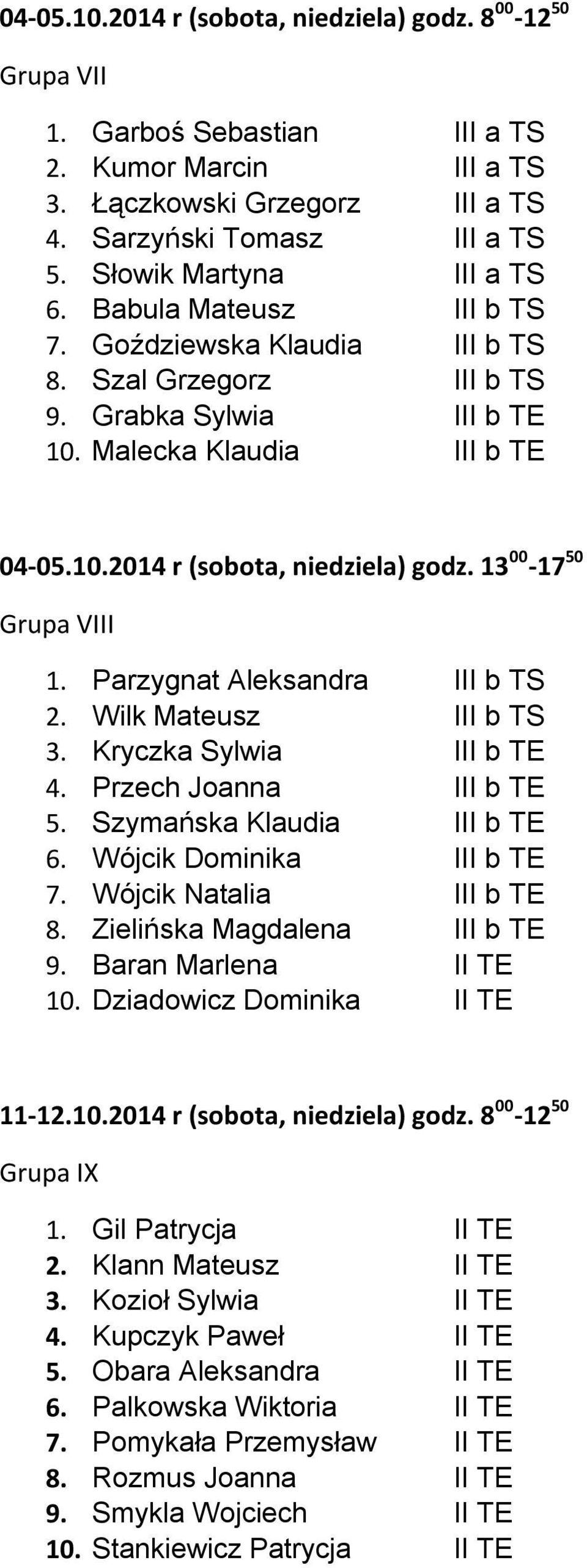 13 00-17 50 Grupa VIII 1. Parzygnat Aleksandra III b TS 2. Wilk Mateusz III b TS 3. Kryczka Sylwia III b TE 4. Przech Joanna III b TE 5. Szymańska Klaudia III b TE 6. Wójcik Dominika III b TE 7.