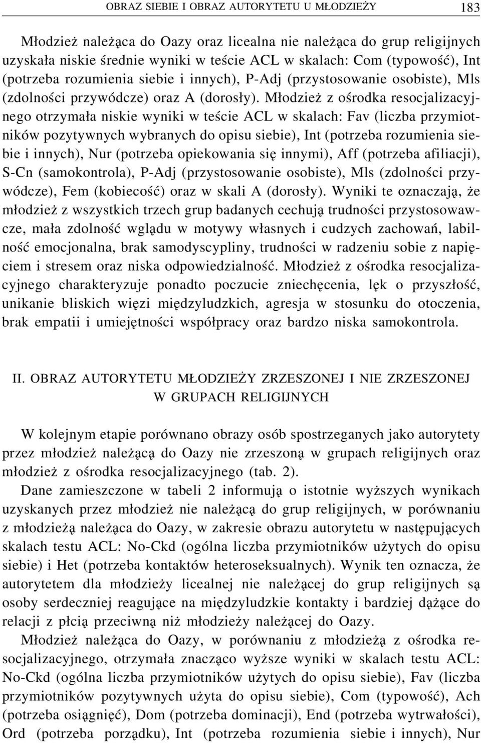 Młodzież zośrodka resocjalizacyjnego otrzymała niskie wyniki w teście ACL w skalach: Fav (liczba przymiotników pozytywnych wybranych do opisu siebie), Int (potrzeba rozumienia siebie i innych), Nur