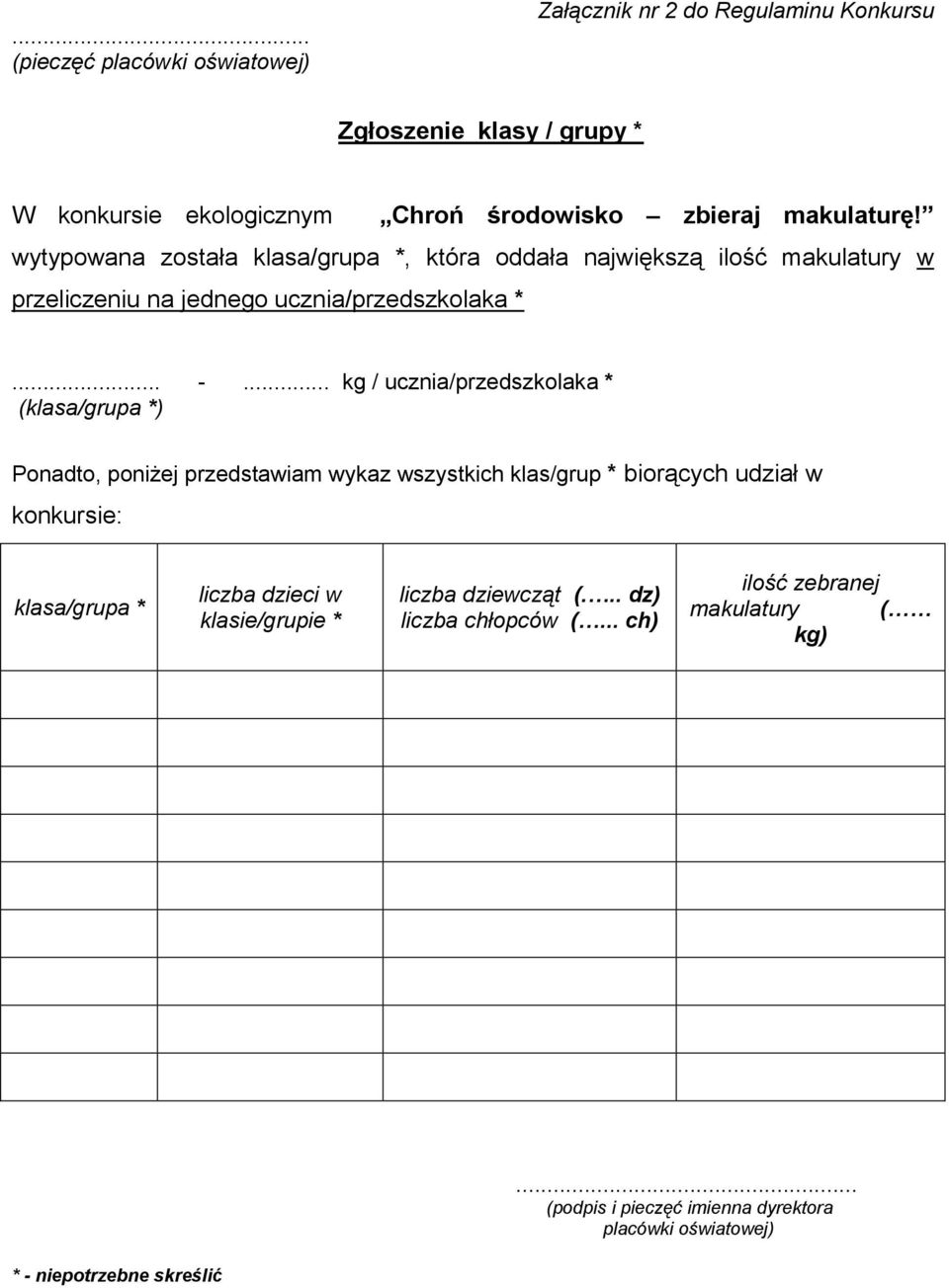 .. kg / ucznia/przedszkolaka * (klasa/grupa *) Ponadto, poniżej przedstawiam wykaz wszystkich klas/grup * biorących udział w konkursie: klasa/grupa * liczba