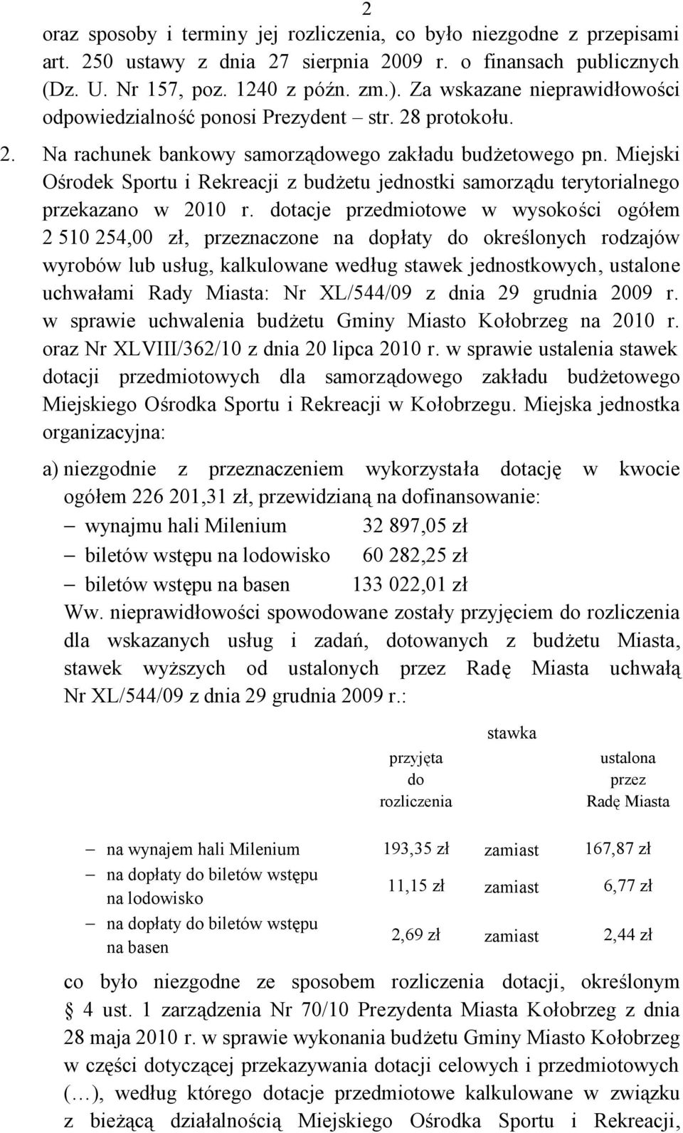 Miejski Ośrodek Sportu i Rekreacji z budżetu jednostki samorządu terytorialnego przekazano w 2010 r.