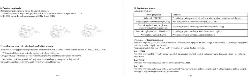 Podstawowe funkcje Działanie przycisków Nazwa przycisku Włącznik (ON/OFF) Przycisk przełączania trybów (MODE) Przycisk regulacji mocy wyjściowej (prawy/zwiększ)/(lewy/zmniejsz) Przycisk ciągłego