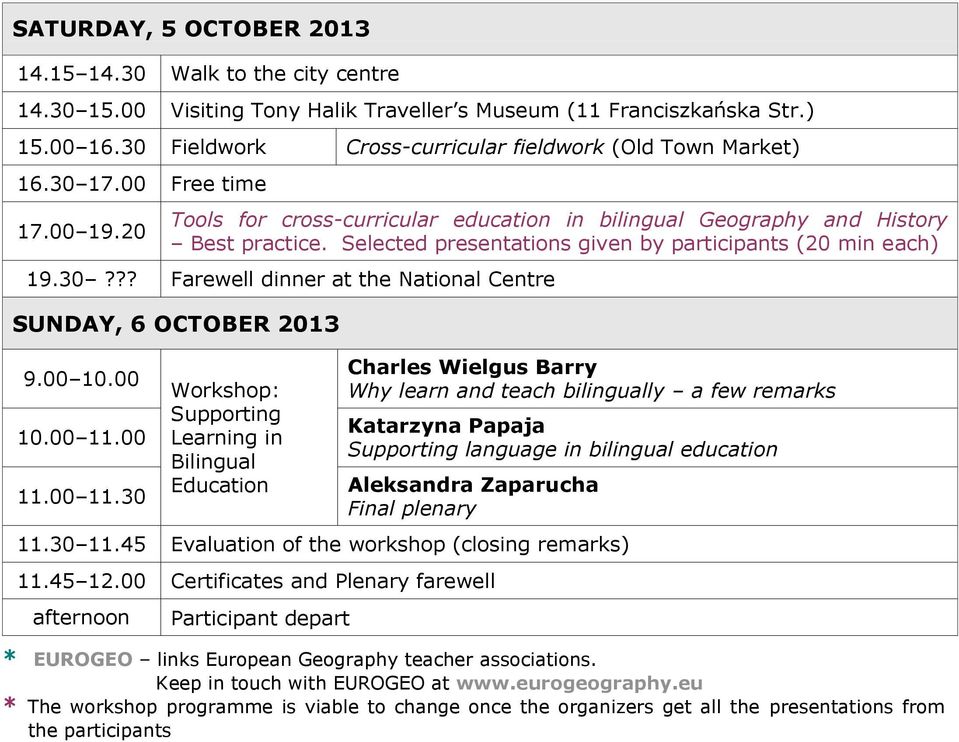 Selected presentations given by participants (20 min each) 19.30??? Farewell dinner at the National Centre SUNDAY, 6 OCTOBER 2013 9.00 10.00 10.00 11.