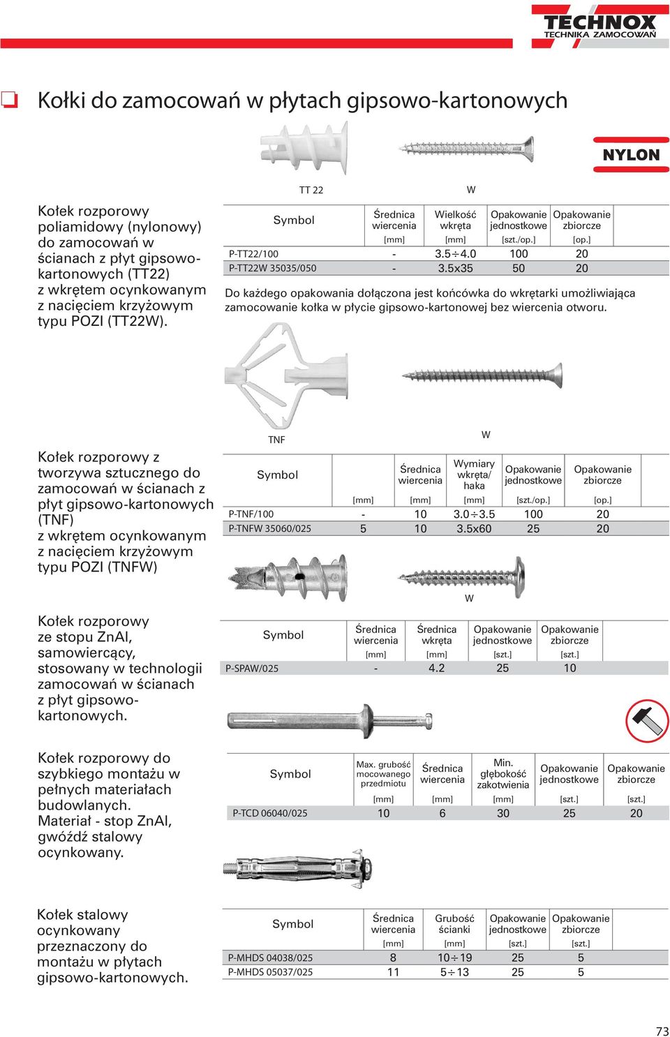 5x35 50 20 z tworzywa sztucznego do zamocowań w ścianach z płyt gipsowo-kartonowych (TNF) z wkrętem ocynkowanym typu POZI (TNF) TNF y / haka [mm] P-TNF/100-10 3.0 3.5 100 20 P-TNF 35060/025 5 10 3.