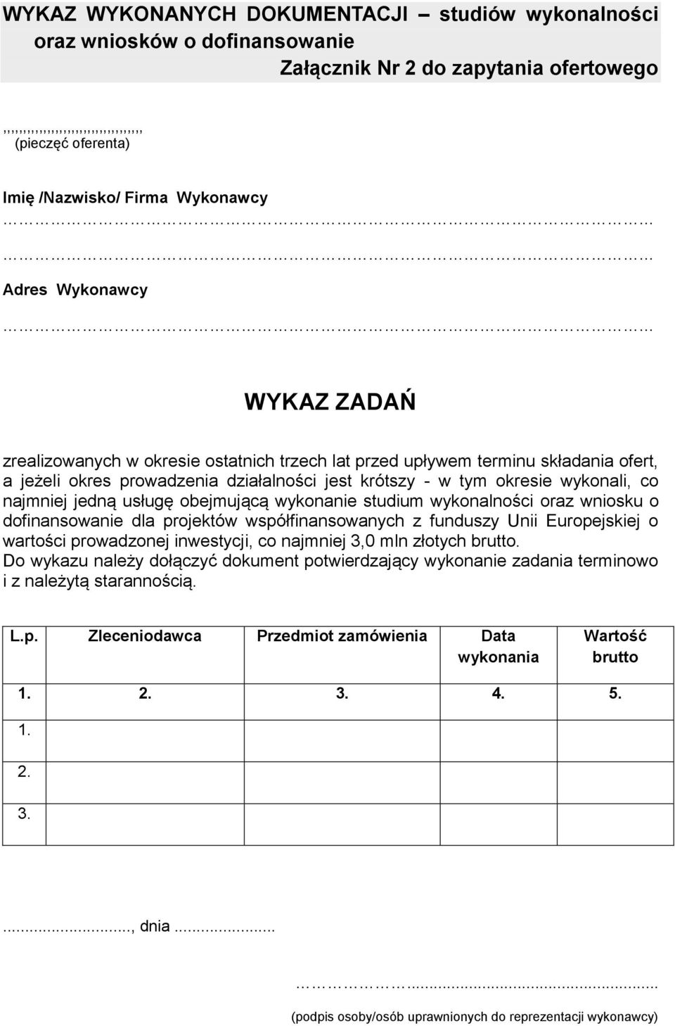 wykonali, co najmniej jedną usługę obejmującą wykonanie studium wykonalności oraz wniosku o dofinansowanie dla projektów współfinansowanych z funduszy Unii Europejskiej o wartości prowadzonej