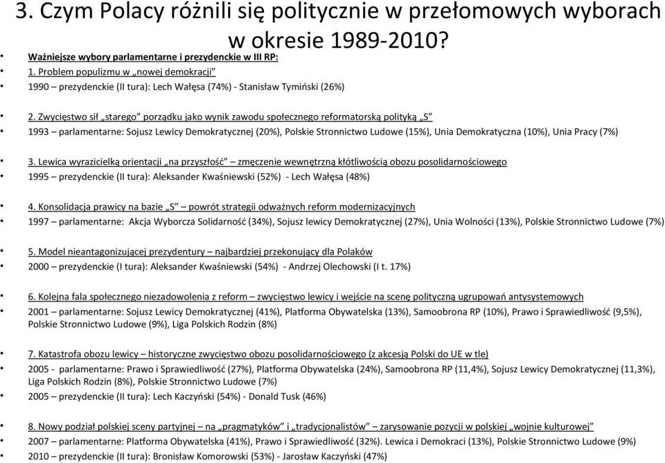 Zwycięstwo sił starego porządku jako wynik zawodu społecznego reformatorską polityką S 1993 parlamentarne: Sojusz Lewicy Demokratycznej (20%), Polskie Stronnictwo Ludowe (15%), Unia Demokratyczna