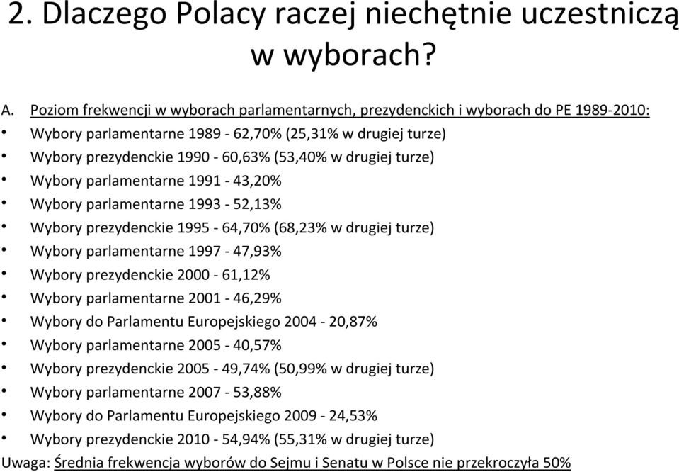 turze) Wybory parlamentarne 1991-43,20% Wybory parlamentarne 1993-52,13% Wybory prezydenckie 1995-64,70% (68,23% w drugiej turze) Wybory parlamentarne 1997-47,93% Wybory prezydenckie 2000-61,12%