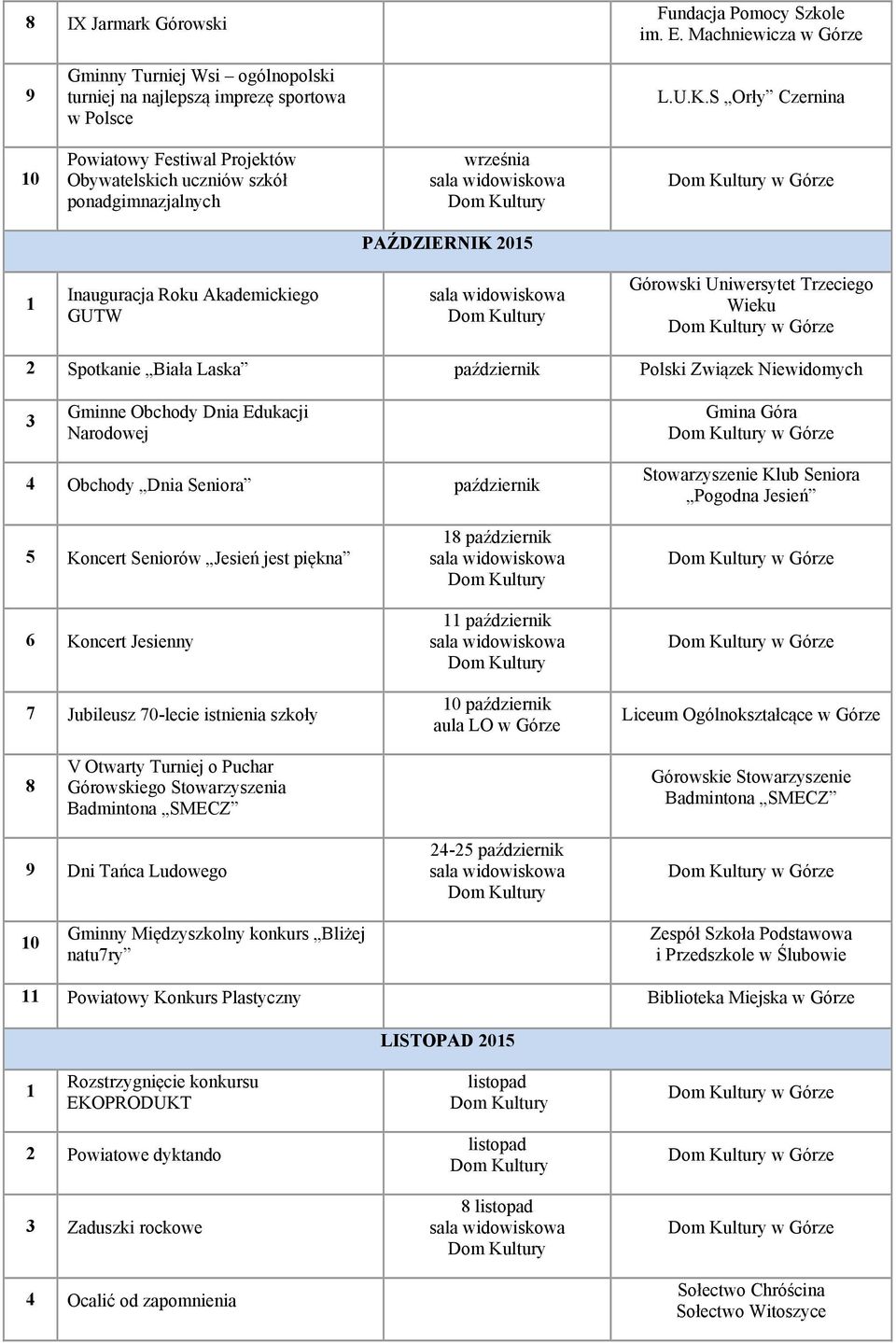 Spotkanie Biała Laska październik Polski Związek Niewidomych 3 Gminne Obchody Dnia Edukacji Narodowej 4 Obchody Dnia Seniora październik 5 Koncert Seniorów Jesień jest piękna 6 Koncert Jesienny 7