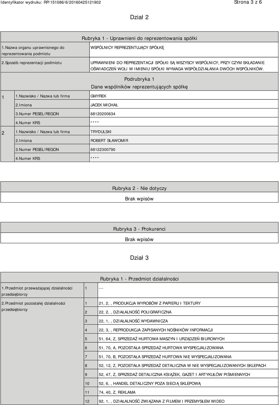 WSPÓLNIKÓW. 1 1.Nazwisko / Nazwa lub firma GMYREK Podrubryka 1 Dane wspólników reprezentujących spółkę JACEK MICHAŁ 3.Numer PESEL/REGON 68120200634 4.Numer KRS **** 2 1.