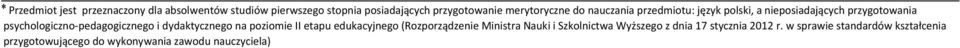 psychologiczno-pedagogicznego i dydaktycznego na poziomie II etapu edukacyjnego (Rozporządzenie Ministra