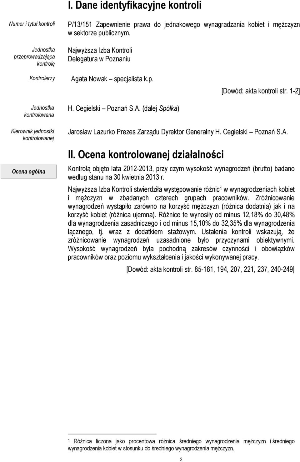 1-2] Kierownik jednostki kontrolowanej Ocena ogólna Jarosław Lazurko Prezes Zarządu Dyrektor Generalny H. Cegielski Poznań S.A. II.