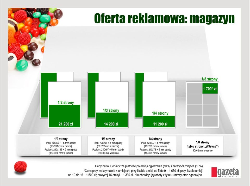 Poziom: 210x73 + 5 mm spady (184x65 mm w ramce) 1/8 strony (tylko strony Witryna ) 90x62 mm w ramce Ceny netto.