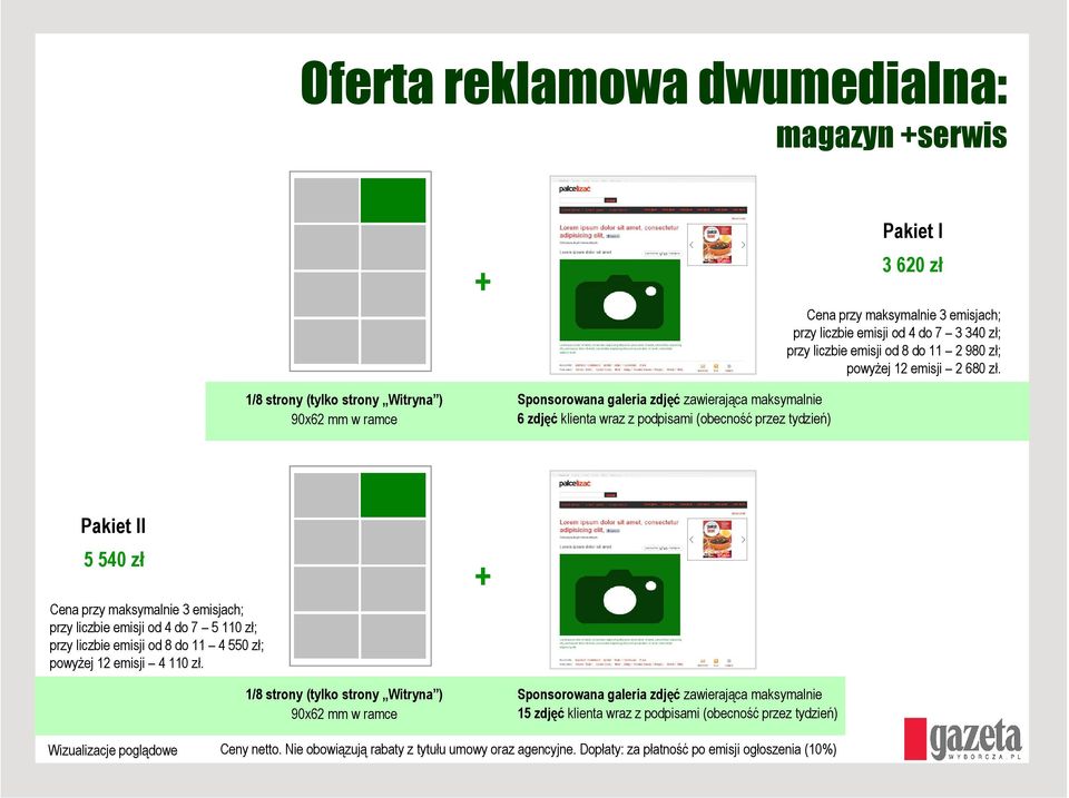 1/8 strony (tylko strony Witryna ) 90x62 mm w ramce Sponsorowana galeria zdjęć zawierająca maksymalnie 6 zdjęć klienta wraz z podpisami (obecność przez tydzień) Pakiet II 5 540 zł Cena przy