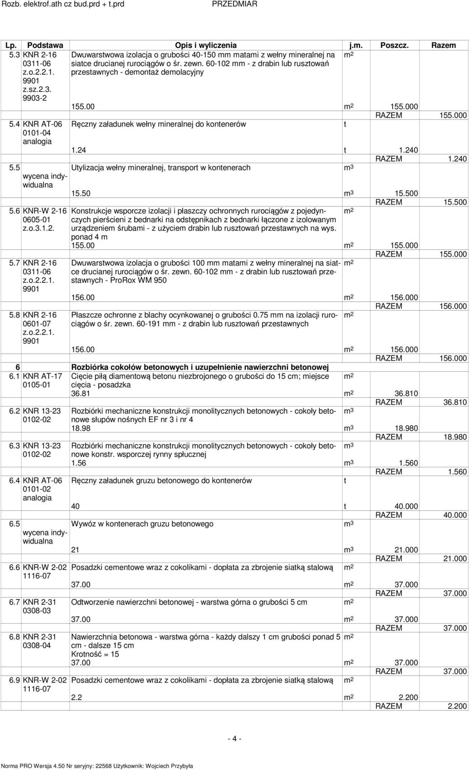 240 Uylizacja wełny mineralnej, ranspor w konenerach m 3 15.50 m 3 15.500 RAZEM 15.