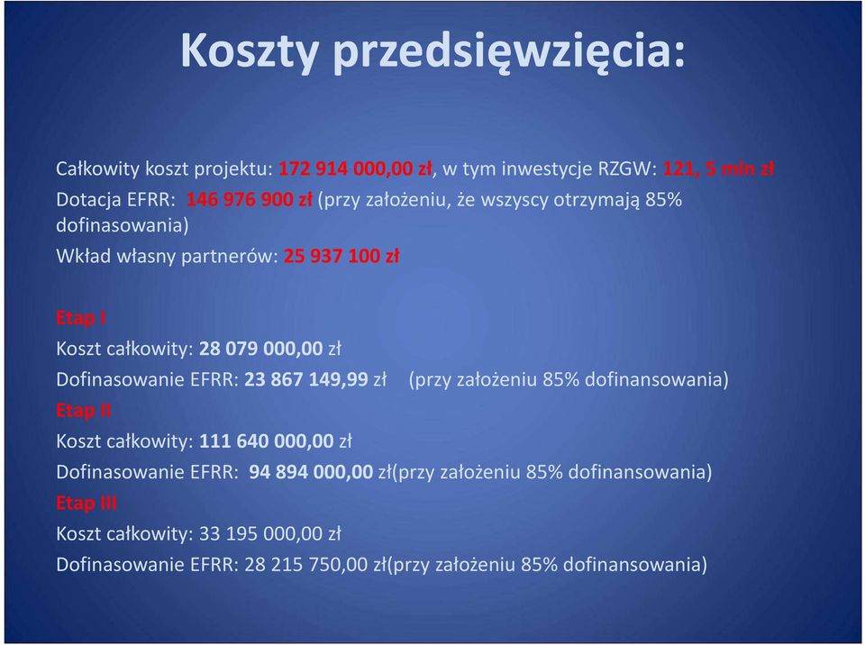 Dofinasowanie EFRR: 23 867 149,99 zł (przy założeniu 85% dofinansowania) Etap II Koszt całkowity: 111 640 000,00 zł Dofinasowanie EFRR: 94 894