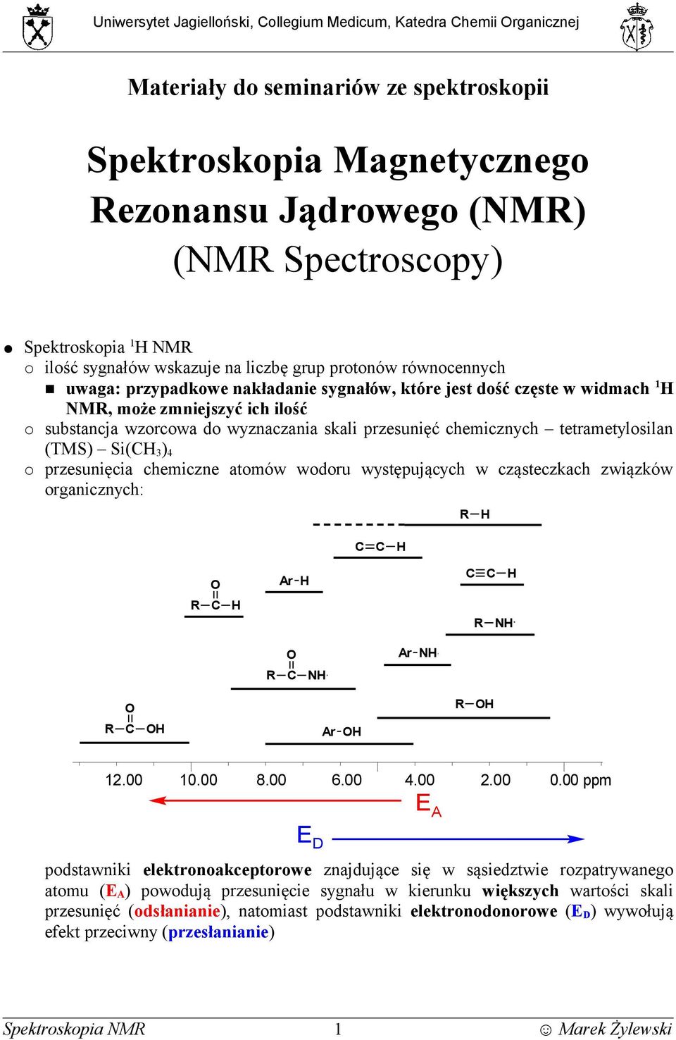 wyznaczania skali przesunięć chemicznych tetrametylosilan (TMS) Si(C 3 ) 4 przesunięcia chemiczne atomów wodoru występujących w cząsteczkach związków organicznych: R C C R C Ar C C R N R C N Ar N R C