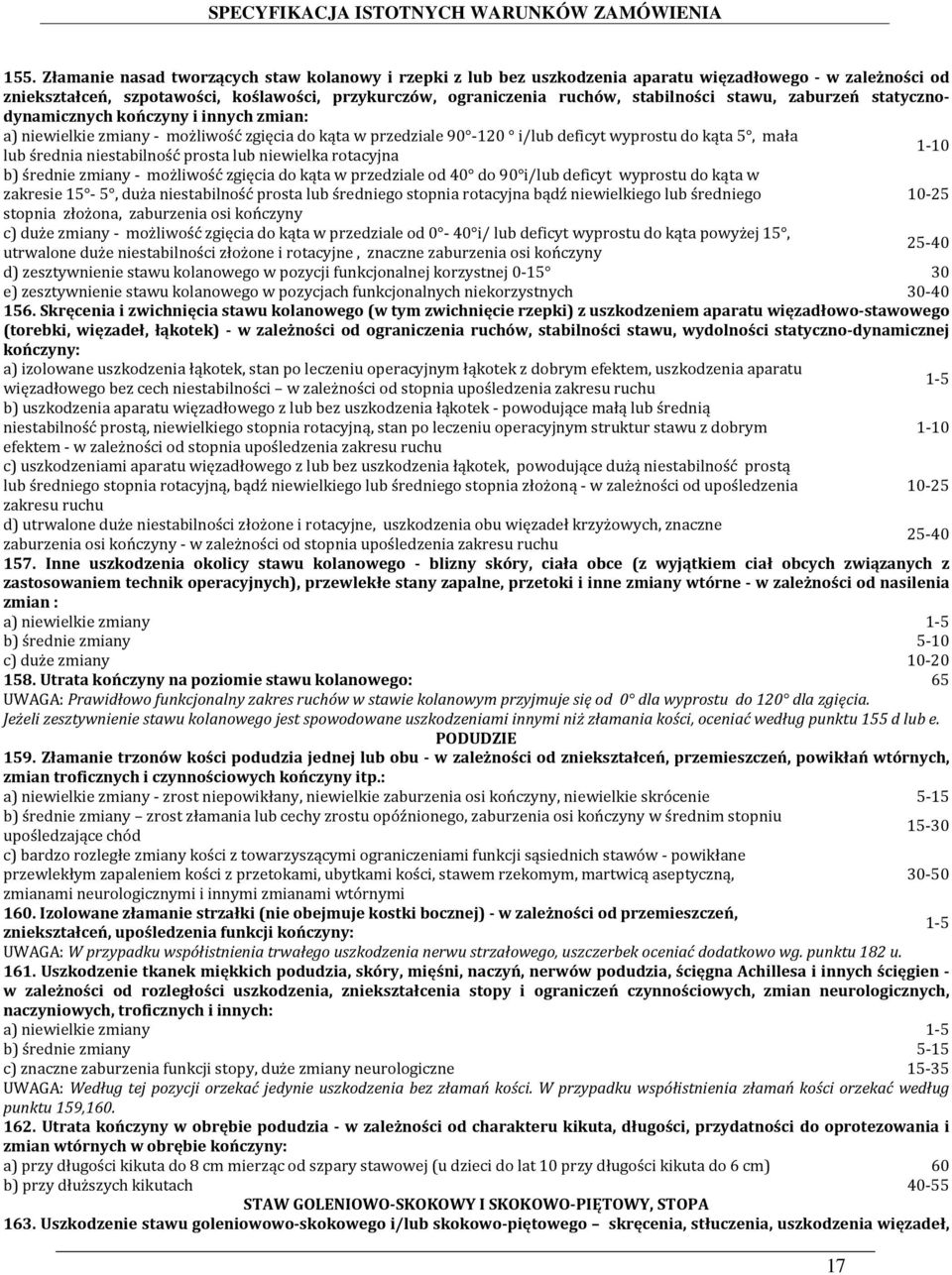 niestabilność prosta lub niewielka rotacyjna b) średnie zmiany - możliwość zgięcia do kąta w przedziale od 40 do 90 i/lub deficyt wyprostu do kąta w zakresie 15-5, duża niestabilność prosta lub