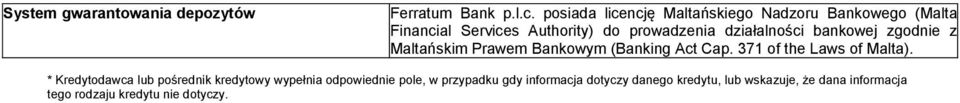 działalności bankowej zgodnie z Maltańskim Prawem Bankowym (Banking Act Cap. 371 of the Laws of Malta).