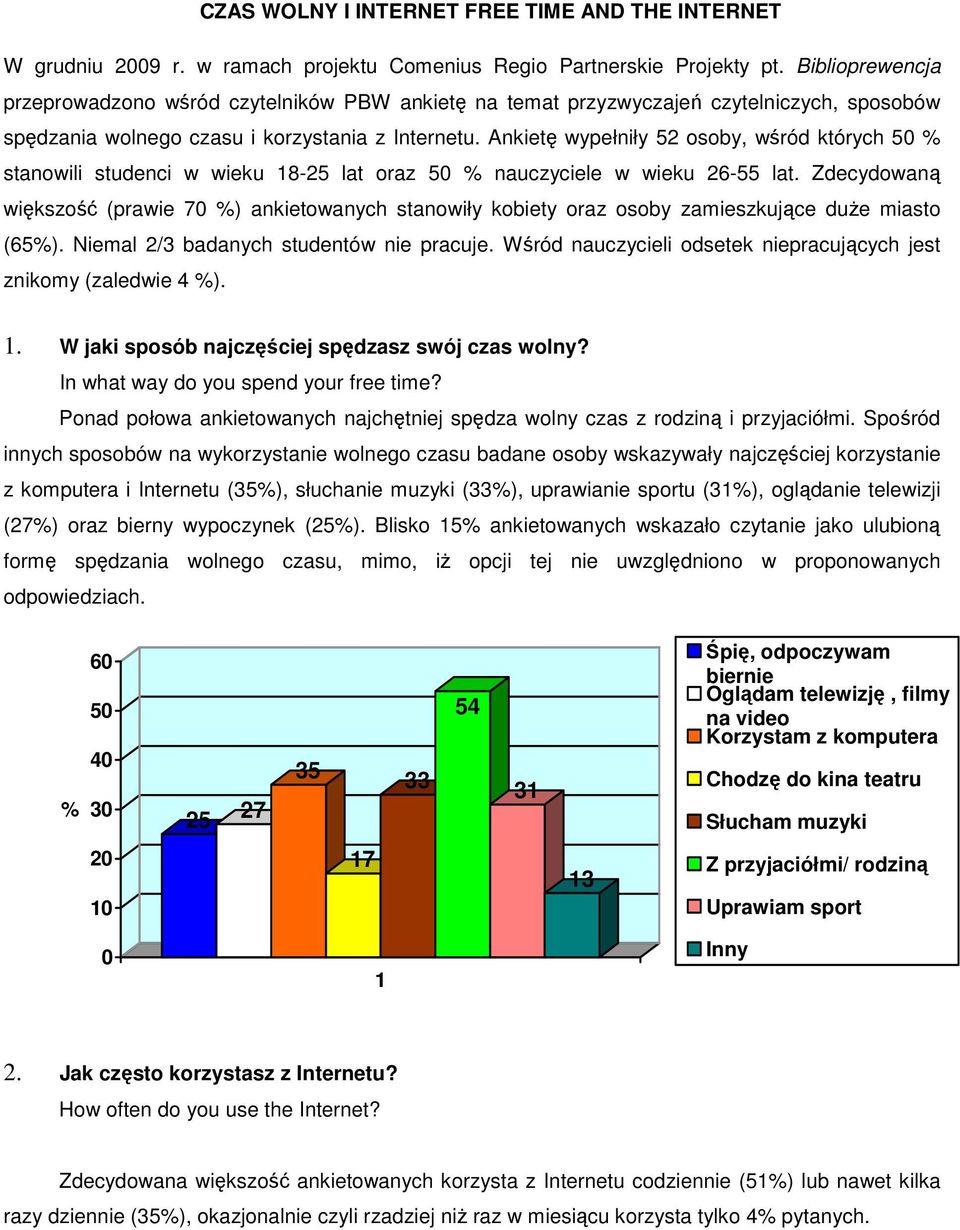 Ankietę wypełniły 52 osoby, wśród których 5 stanowili studenci w wieku 18-25 lat oraz 5 nauczyciele w wieku 26-55 lat.