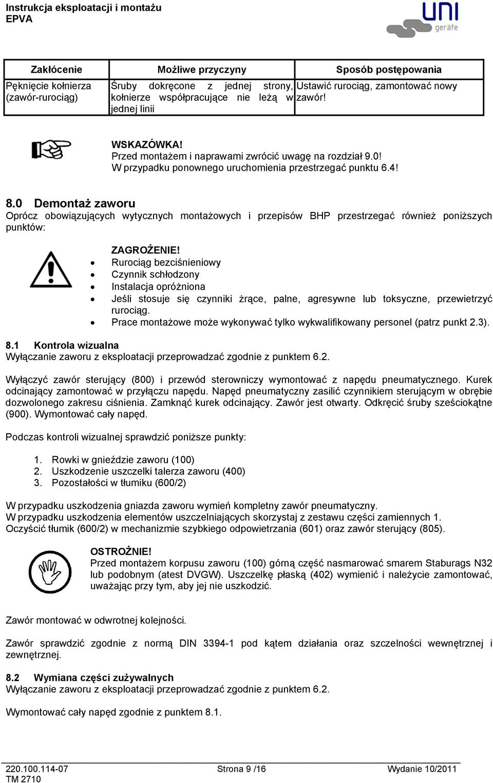 0 Demontaż zaworu Oprócz obowiązujących wytycznych montażowych i przepisów BHP przestrzegać również poniższych punktów: ZAGROŻENIE!