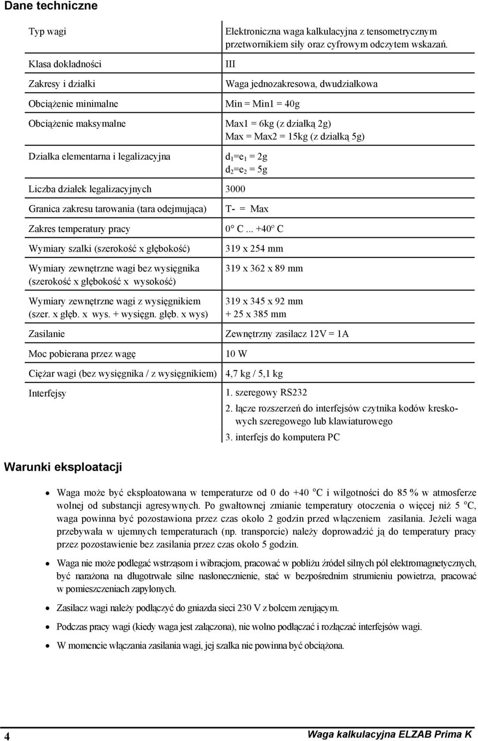 Liczba działek legalizacyjnych 3000 Granica zakresu tarowania (tara odejmująca) Zakres temperatury pracy Wymiary szalki (szerokość x głębokość) Wymiary zewnętrzne wagi bez wysięgnika (szerokość x