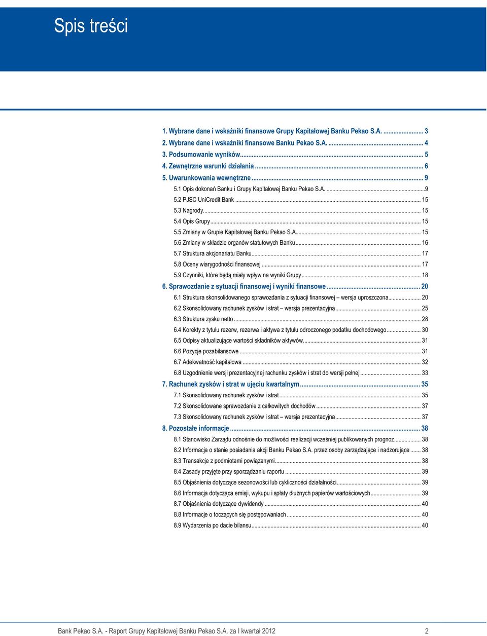 3 Nagrody... 15 5.4 Opis Grupy... 15 5.5 Zmiany w Grupie Kapitałowej Banku Pekao S.A... 15 5.6 Zmiany w składzie organów statutowych Banku... 16 5.7 Struktura akcjonariatu Banku... 17 5.