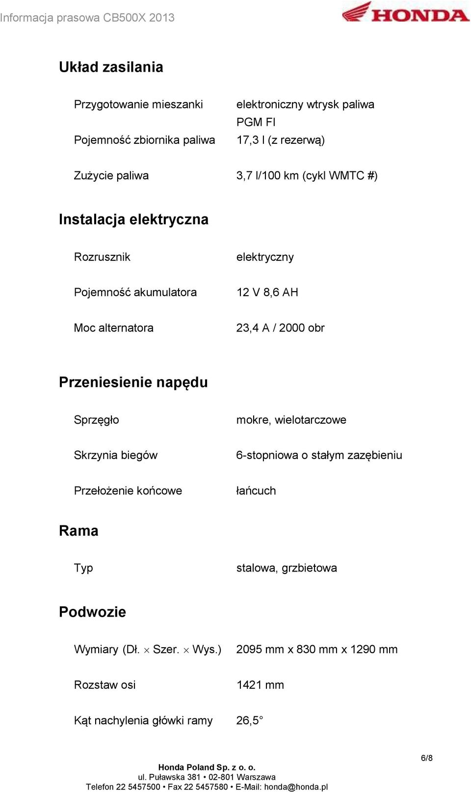 obr Przeniesienie napędu Sprzęgło mokre, wielotarczowe Skrzynia biegów 6-stopniowa o stałym zazębieniu Przełożenie końcowe łańcuch Rama