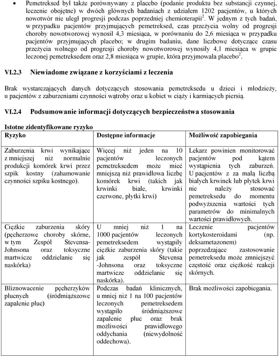 W jednym z tych badań, w przypadku pacjentów przyjmujących pemetreksed, czas przeżycia wolny od progresji choroby nowotworowej wynosił 4,3 miesiąca, w porównaniu do 2,6 miesiąca w przypadku pacjentów