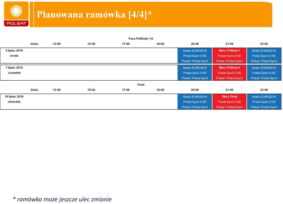 EURO2016 czwartek Polsat Sport 2 HD Polsat Sport 2 HD Polsat Sport 2 HD Finał 10 lipiec 2016 Studio EURO2016 Mecz