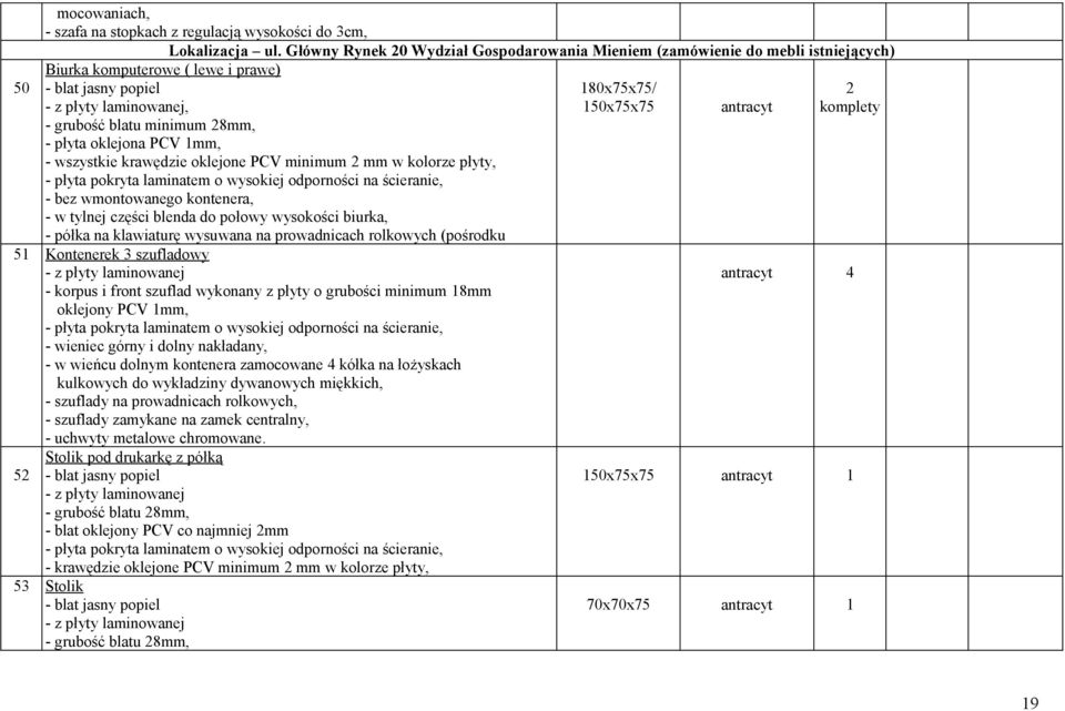 połowy wysokości biurka, - półka na klawiaturę wysuwana na prowadnicach rolkowych (pośrodku 51 Kontenerek 3 szufladowy - z płyty laminowanej - korpus i front szuflad wykonany z płyty o grubości