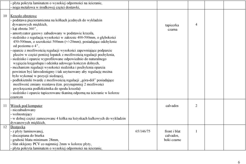 regulacji wysokości zapewniające podparcie pleców w części poniżej łopatek z możliwością regulacji pochylenia, - siedzisko i oparcie wyprofilowane odpowiednio do naturalnego wygięcia kręgosłupa i