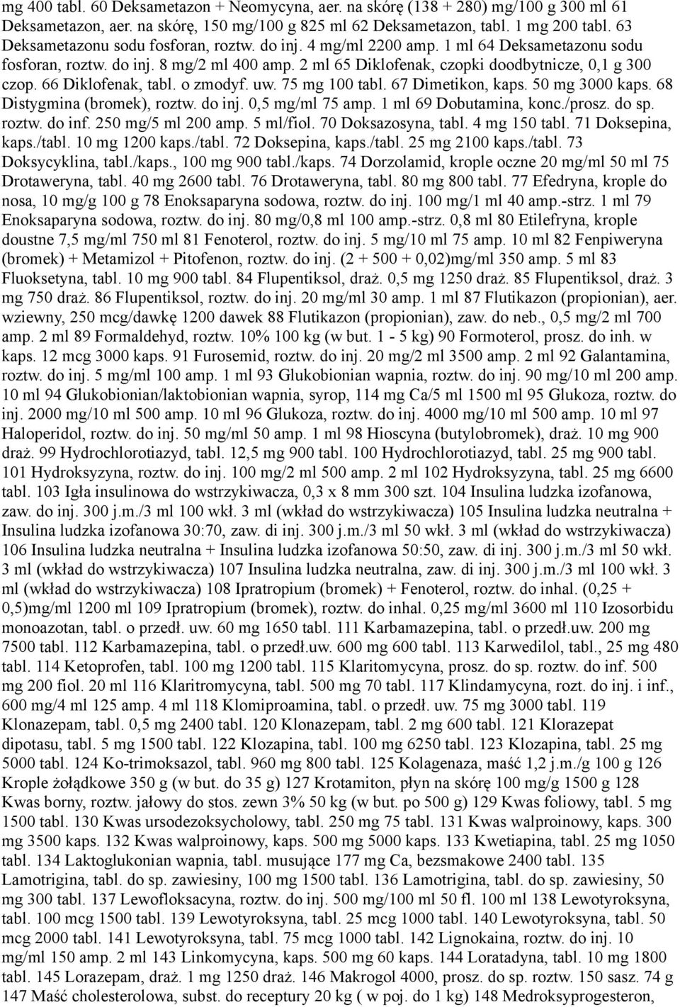 66 Diklofenak, tabl. o zmodyf. uw. 75 mg 100 tabl. 67 Dimetikon, kaps. 50 mg 3000 kaps. 68 Distygmina (bromek), roztw. do inj. 0,5 mg/ml 75 amp. 1 ml 69 Dobutamina, konc./prosz. do sp. roztw. do inf.