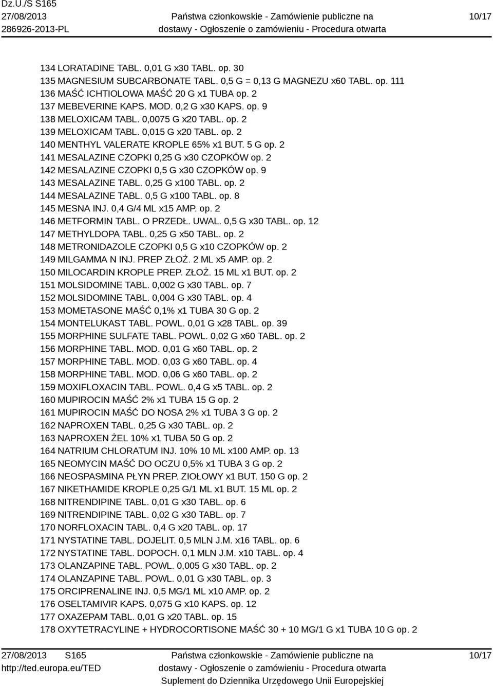 2 141 MESALAZINE CZOPKI 0,25 G x30 CZOPKÓW op. 2 142 MESALAZINE CZOPKI 0,5 G x30 CZOPKÓW op. 9 143 MESALAZINE TABL. 0,25 G x100 TABL. op. 2 144 MESALAZINE TABL. 0,5 G x100 TABL. op. 8 145 MESNA INJ.