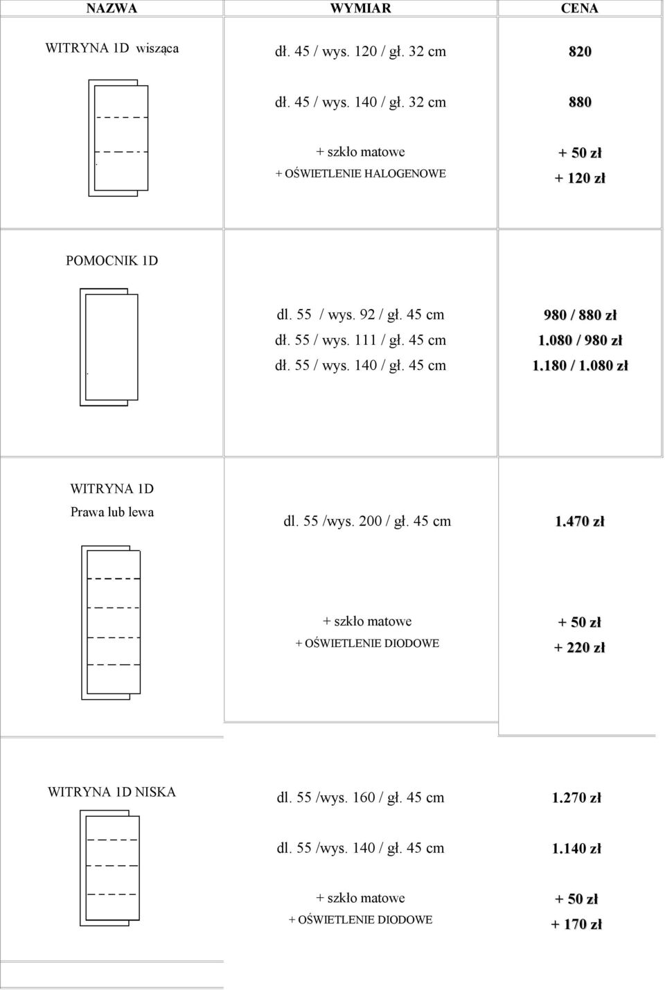 45 cm dł. 55 / wys. 140 / gł. 45 cm 980 / 880 zł 1.080 / 980 zł 1.180 / 1.080 zł WITRYNA 1D Prawa lub lewa dl.